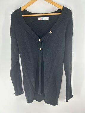 Free People Beach Relaxed V-Neck Button Front Waffle Knit Top - Black